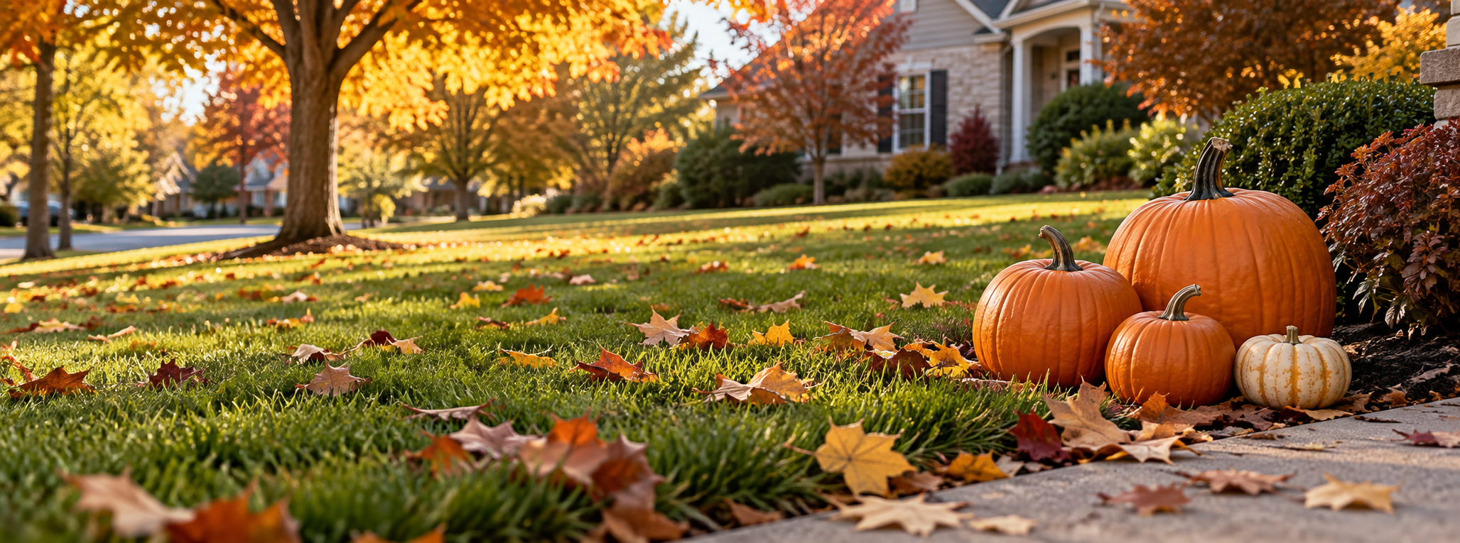 Orange and cream pumpkins beside a lawn scattered with golden autumn leaves